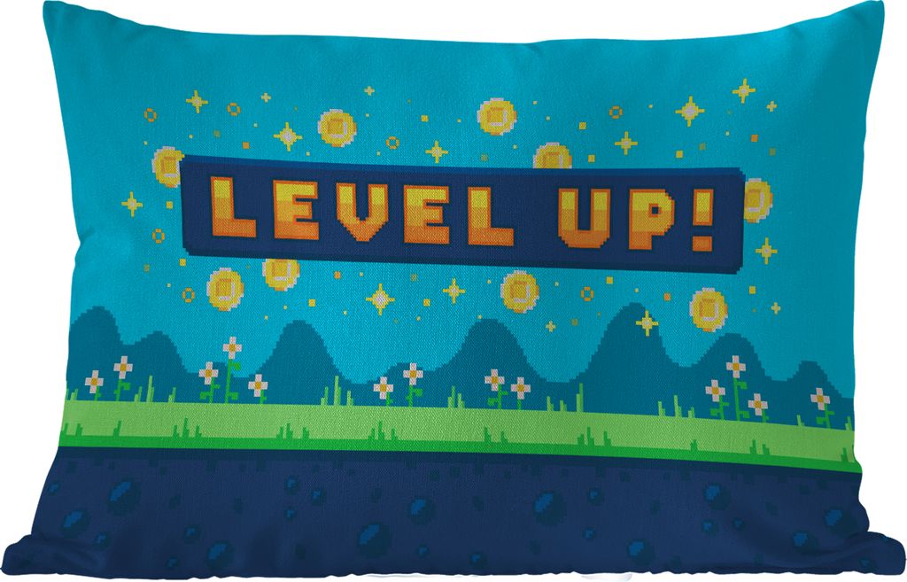MuchoWow Outdoor Kissen - Spiele - Landschaft - Pixelart - 60x40 cm - Wetterfest - Lounge Kissen - Zierkissen - Kissen für Innenräume