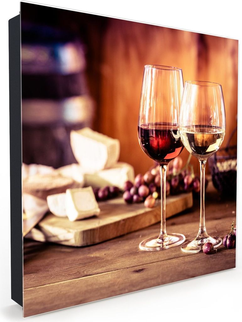 Nachbildung-Schlüsselkasten, Magnetpinnwand und Memoboard mit Glasfront Motiv Käseplatte und Wein