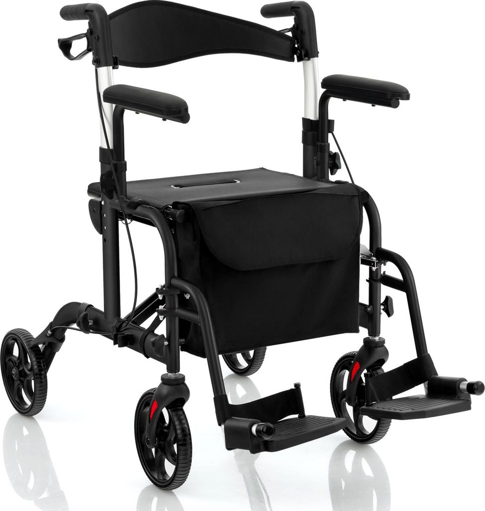 COSTWAY 2in1 Rollstuhl & Rollator klappbar & leicht mit Sitz, Gehhilfe 6-fach höhenverstellbar, Gehwagen mit Tasche, Bremsen & Stockhalter Schwarz