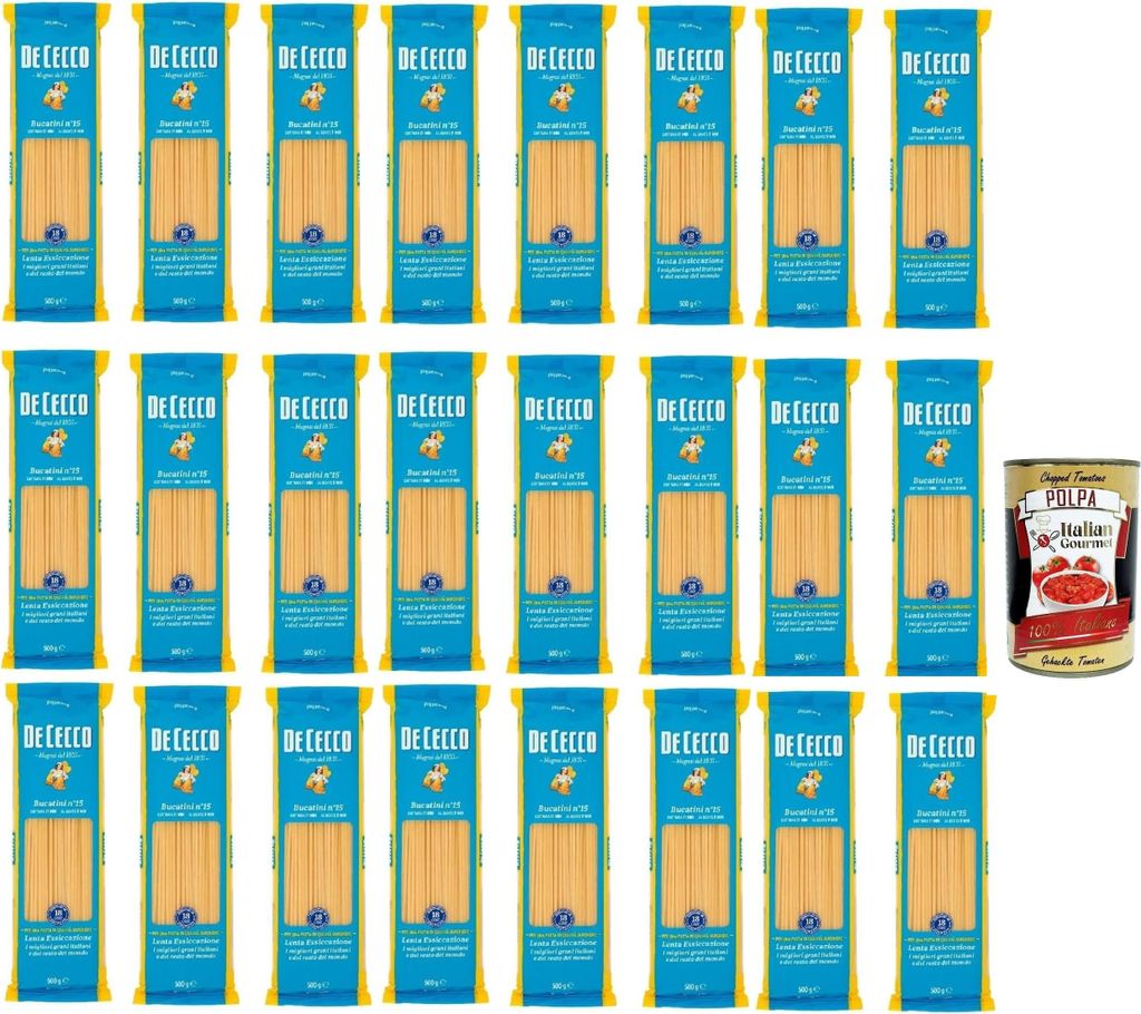 De Cecco Bucatini No.15, Pasta 24 x 500 g, langsames Trocknen, Hartweizengrieß von hoher Qualität, 11 min kochen (al dente 9), ideal all'Amatrici...