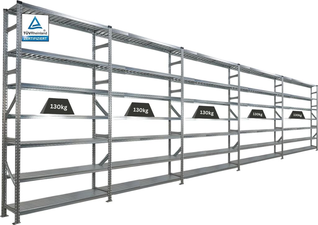 Fachbodenregal PROXIMO mit Stecksystem | Komplettregal | HxBxT 250x750x32cm | 7 Ebenen | Beidseitig nutzbar | Verzinkt