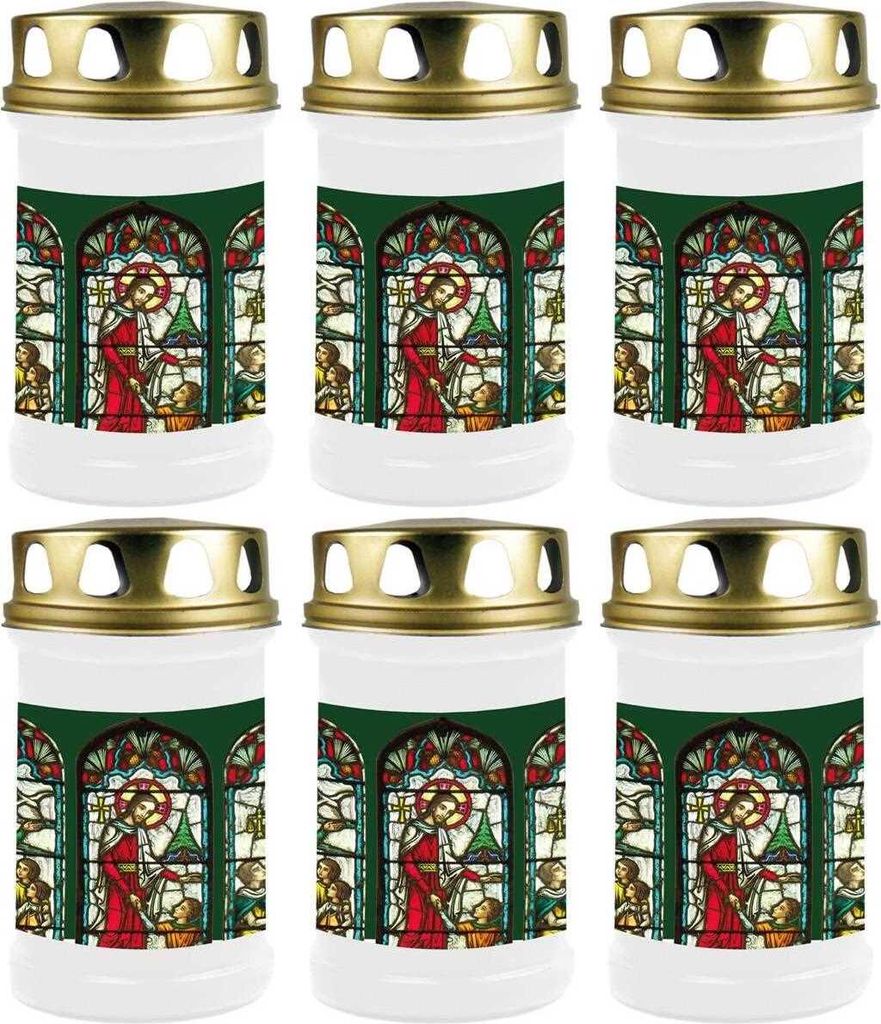 Grabkerze Weiß 6er Pack, Brenndauer: 48 Stunden ( je Kerze ), Motiv: Fenster Grün