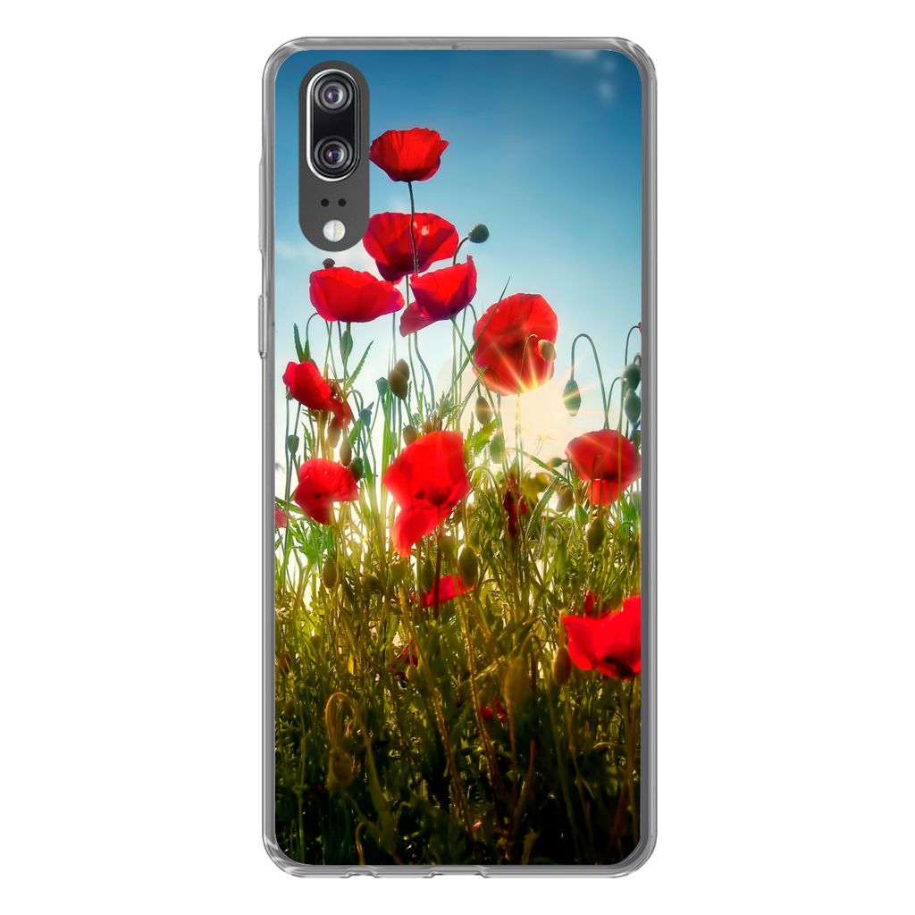 MuchoWow Handyhülle Schutzhülle Hülle für Huawei P20 Mohnblumen - Toskana - Sonne - Rot - Blau Silikon Softcase Handy Hülle - Hardcover