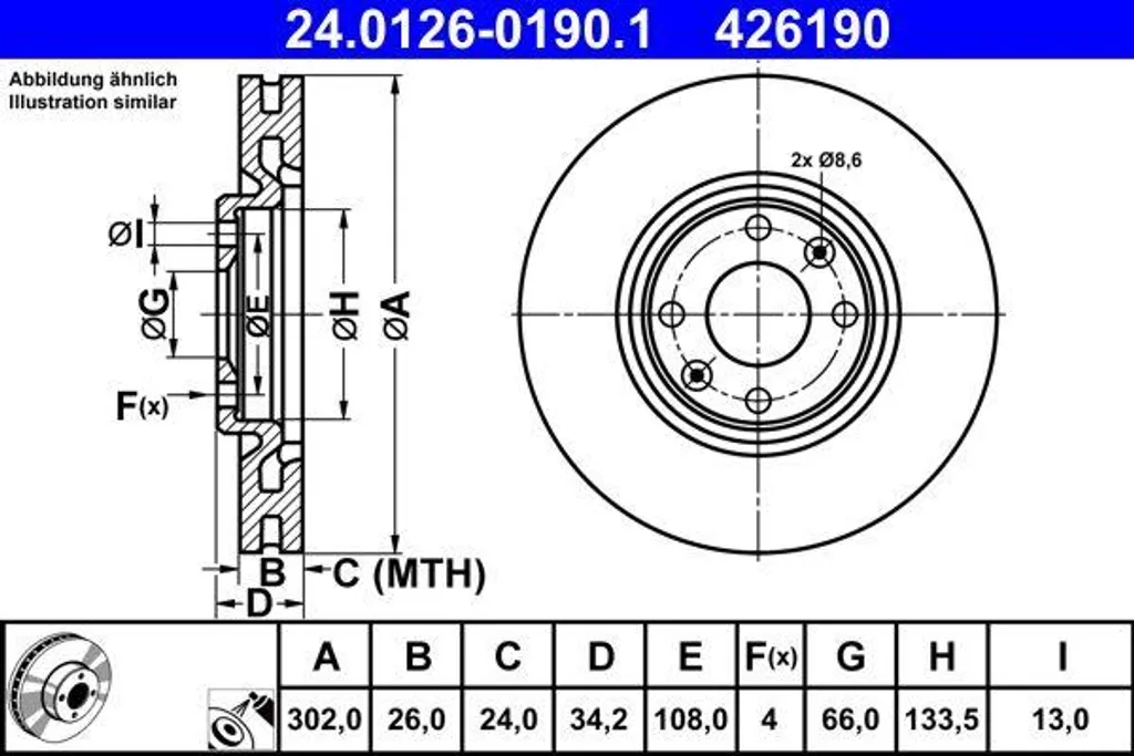 Disque de frein ATE 24.0126-0190.1 OE 1611841780 pour C4 et DS5