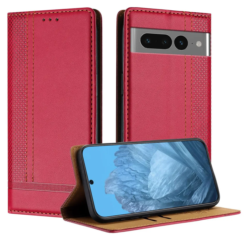 Custodia Sottile Google Pixel 7 Pro Pelle Rossa con Cavalletto Integrato