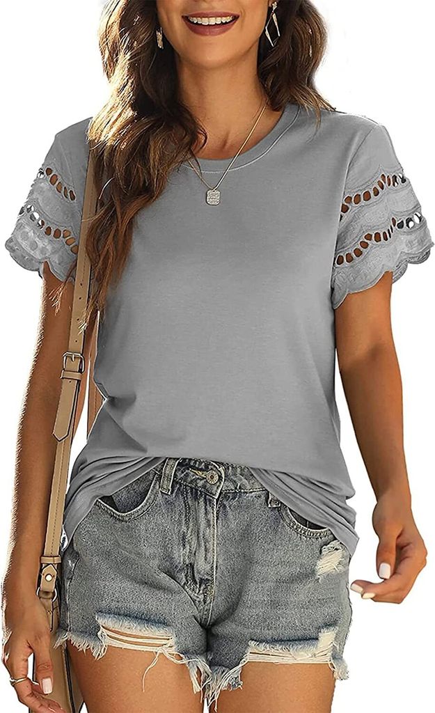 ASKSA Damen T-Shirt Rundhals Kurzarm Oberteile Sommer Einfarbig Blusen Tops, Grau, M