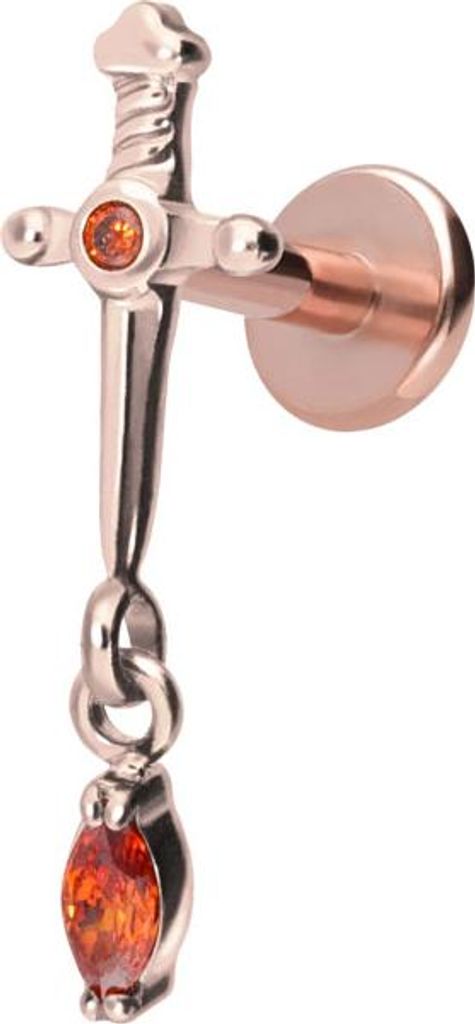 Ohrpiercing, Nasenpiercing Titan Labret mit Innengewinde DOLCH + KRISTALLTROPFEN RoséGold Stablänge: 8mm | Stabstärke: 1,6mm