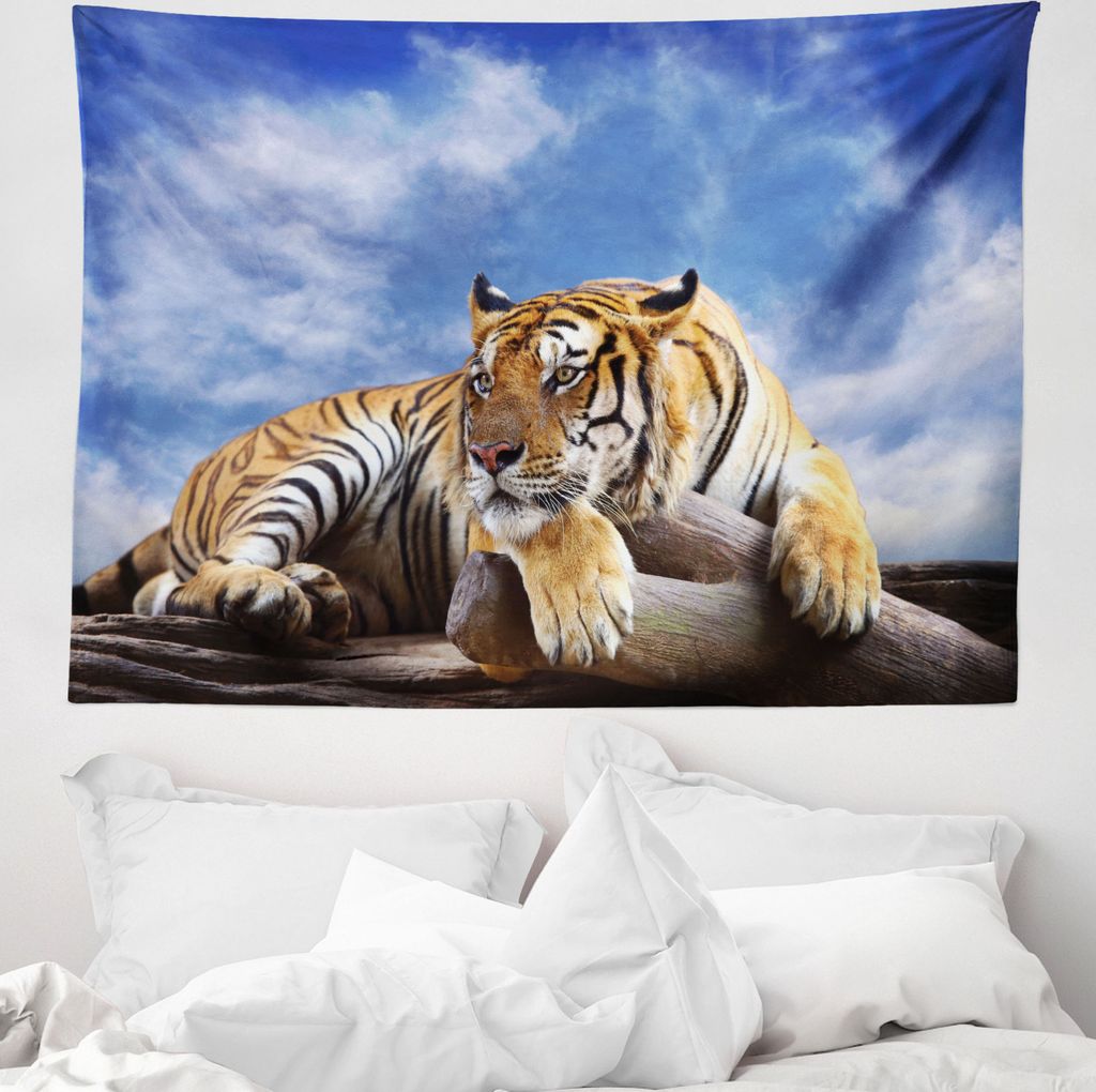 ABAKUHAUS Safari Wandteppich, Tiger auf Holz Wildlife aus Weiches Mikrofaser Stoff Waschbar ohne Verblassen Digitaldruck, 150 x 110 cm, Blau Senf S...