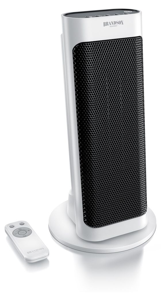 A white and black oscillating ceramic heater with a remote control, set against a white background.