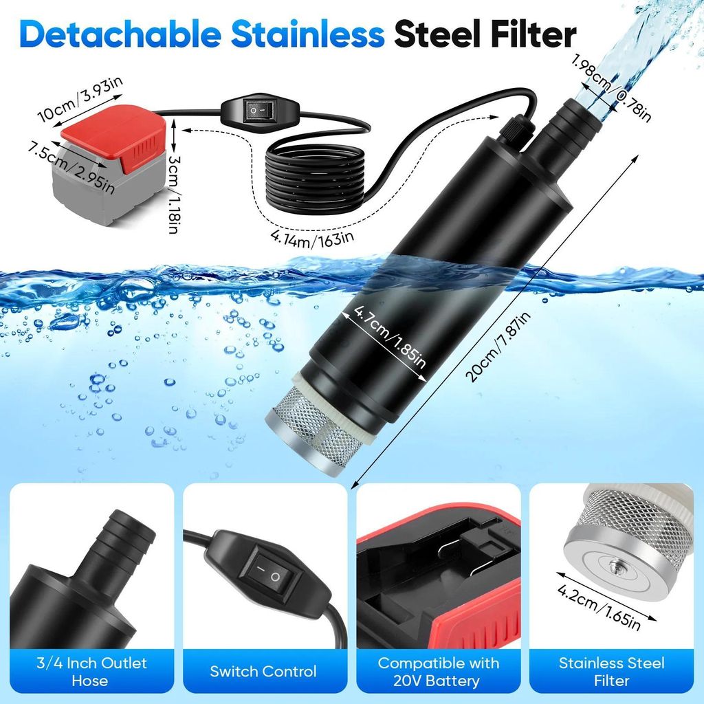 Akkubetriebene Wasser-/Öl-Transferpumpe - Regenfass/Garten - 18 V Akku - 120 W Motor - Kunststoff - Max 850 kPa - Schwarz