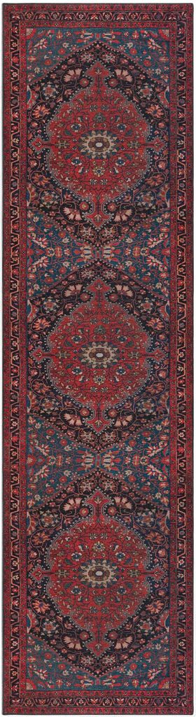 Waschbarer Teppich Medallion Muster, Orientalisch, Wohnzimmer schmutzabweisend Rot Läufer 60x230 | 100% Polyester, Rücken aus 100% Mischfasern | ...