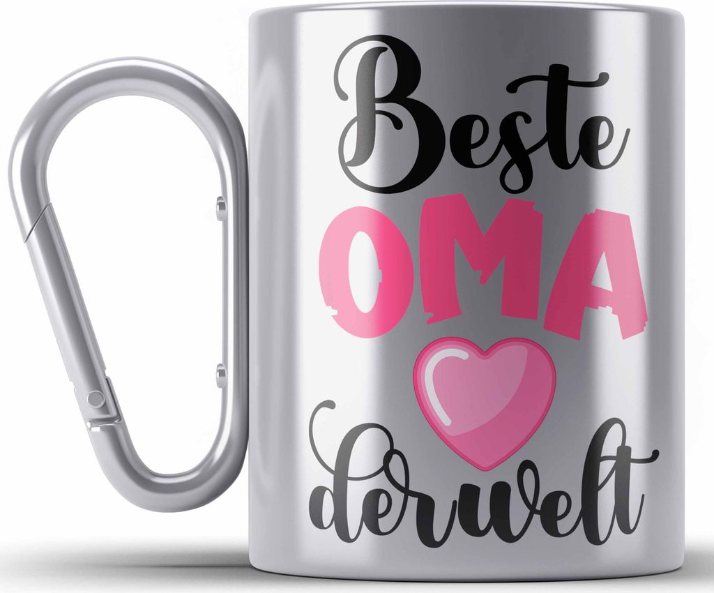 Trendation - Für Die Beste Oma Der Welt Edelstahl Tasse Karabiner Geschenk Geschenkidee Von Enkel Enkelin Herz (Silber)