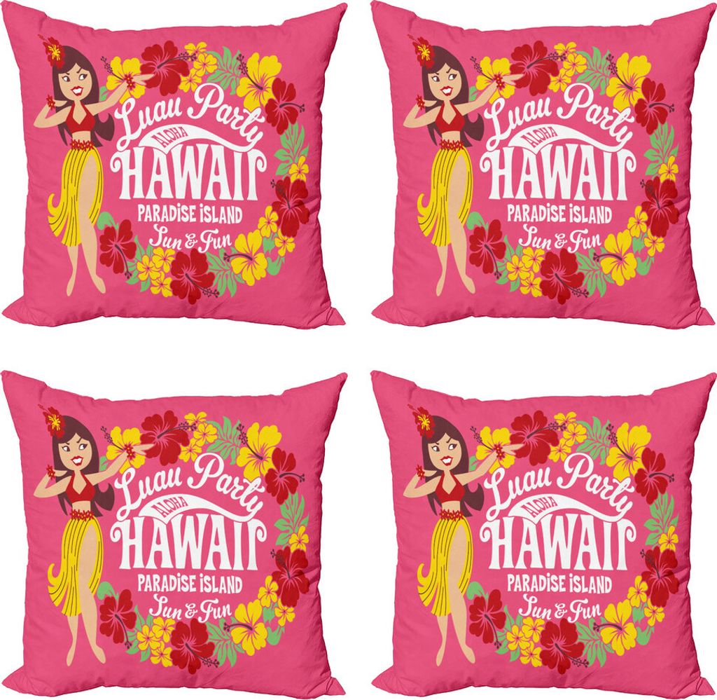ABAKUHAUS Hula Mädchen Kissenbezug Set (4 Stück), Luau Party Aloha Paradise, Moderner Doppelseitiger Digitaldruck, 60 cm x 60 cm, Hot Pink Senf