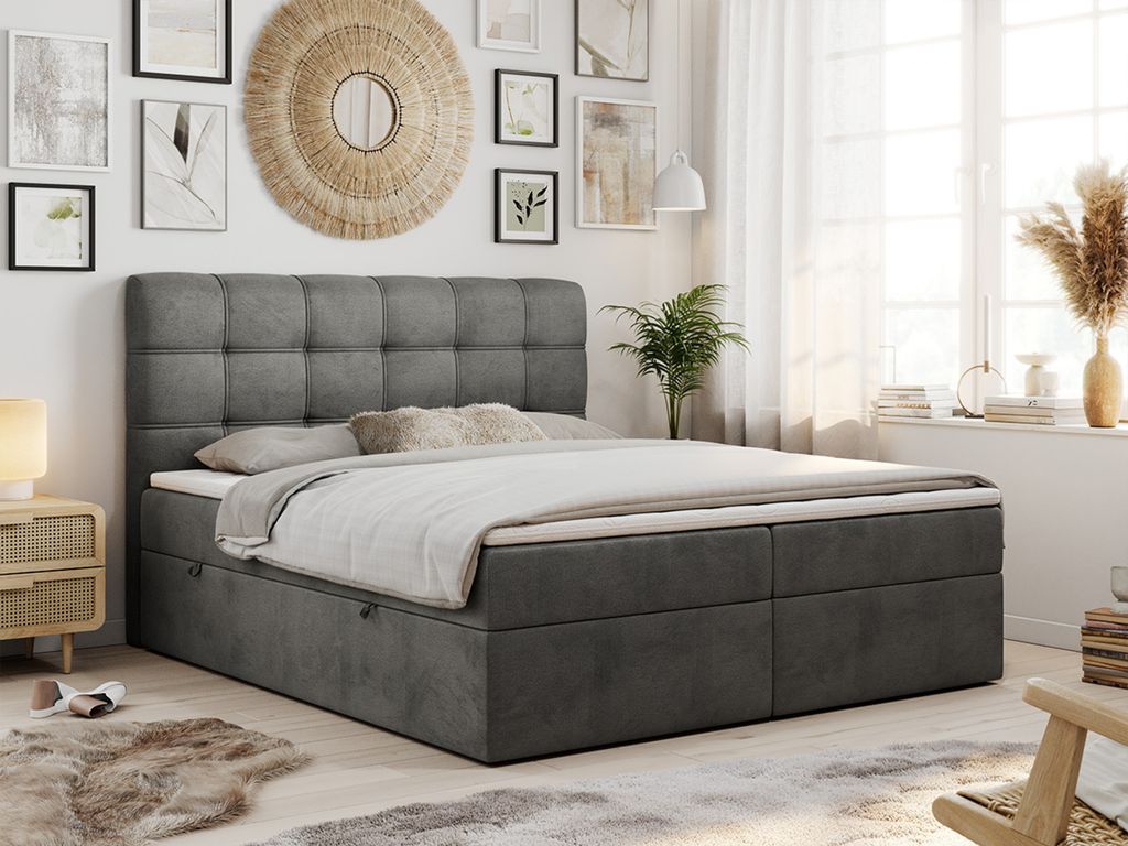 Boxspringbett zwei Bettkästen, Doppelbett mit Kopfstütze - FAST - 160x200cm - Dunkelgrau - H3