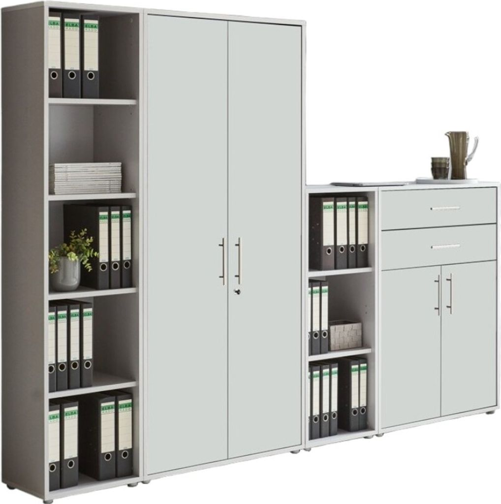Aktenschrank TABOR 22 in lichtgrau / weiß matt, Schrankwand, Büroschrank, abschließbar, Metallgriffe
