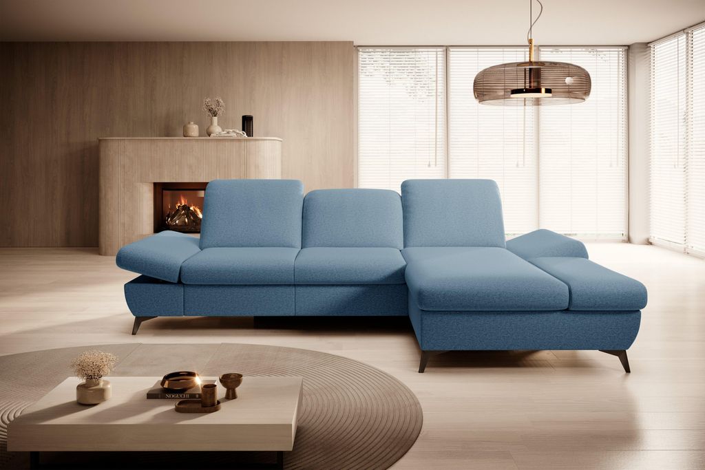 Masseno Ecksofa FELICE R-S mit Schlaffunktion L-Form, Sofa mit Bettkasten, Wohnzimmersofa, Couch, Soffa, Bettsofa, Couchgarnitur- Blau, MATANA 11