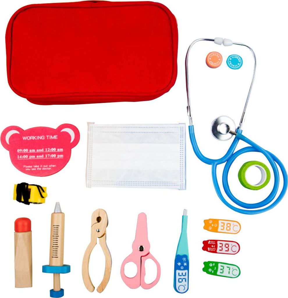 Holz Arztkoffer Spielset - Rot, 15-teilig, 12.4x8x24cm - Für Rollenspiel, Kinder & Lernspielzeug