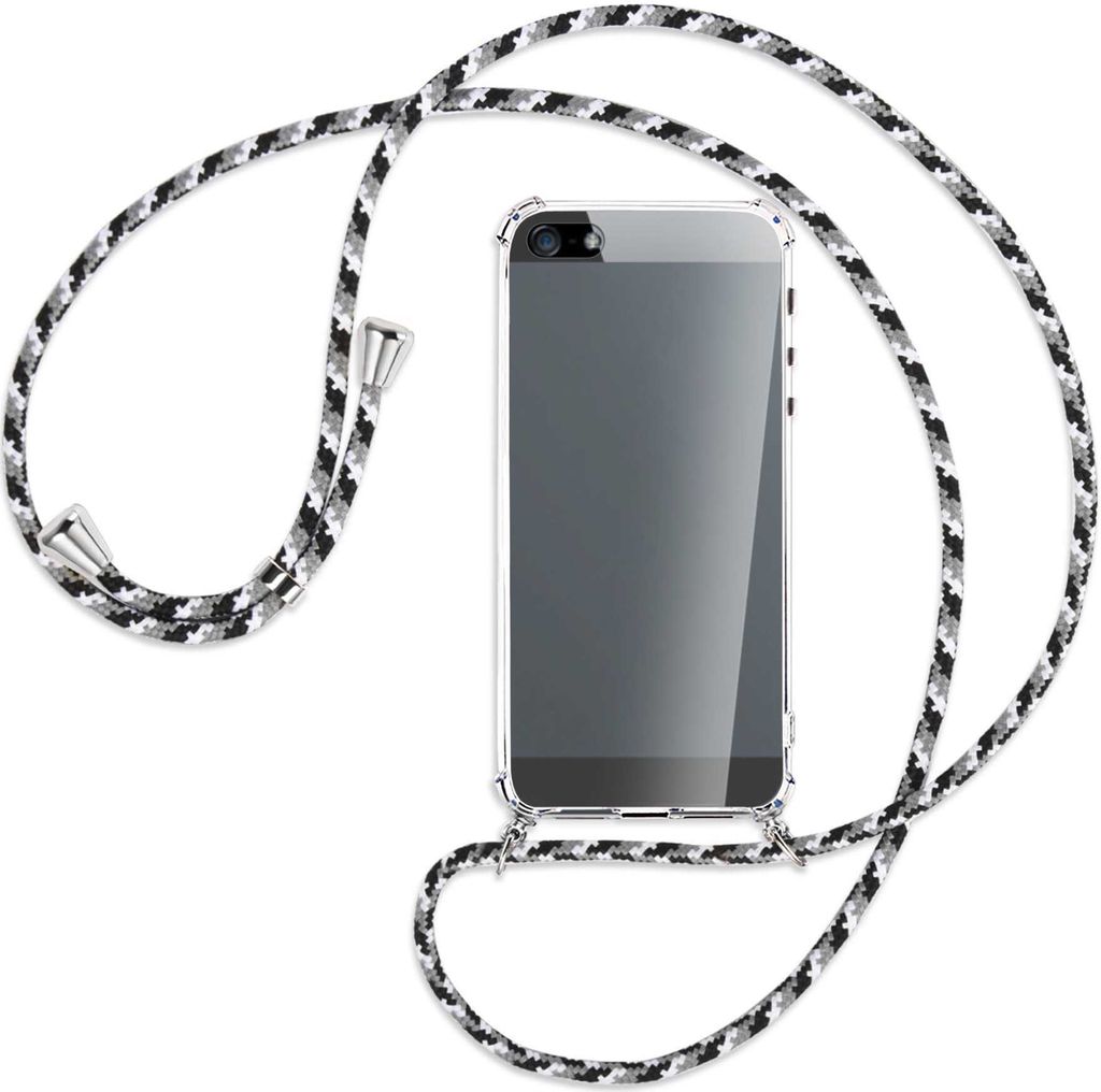 Handykette Backcover-Schutzhülle mit Band (Metall silberfarben) für Apple iPhone 5, 5S, SE - schwarz/grau/weiß