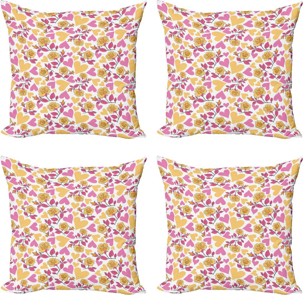 ABAKUHAUS Blumen Kissenbezug Set (4 Stück), Herzen und blühende Rosen, Moderner Doppelseitiger Digitaldruck, 60 cm x 60 cm, Mustard Rosa