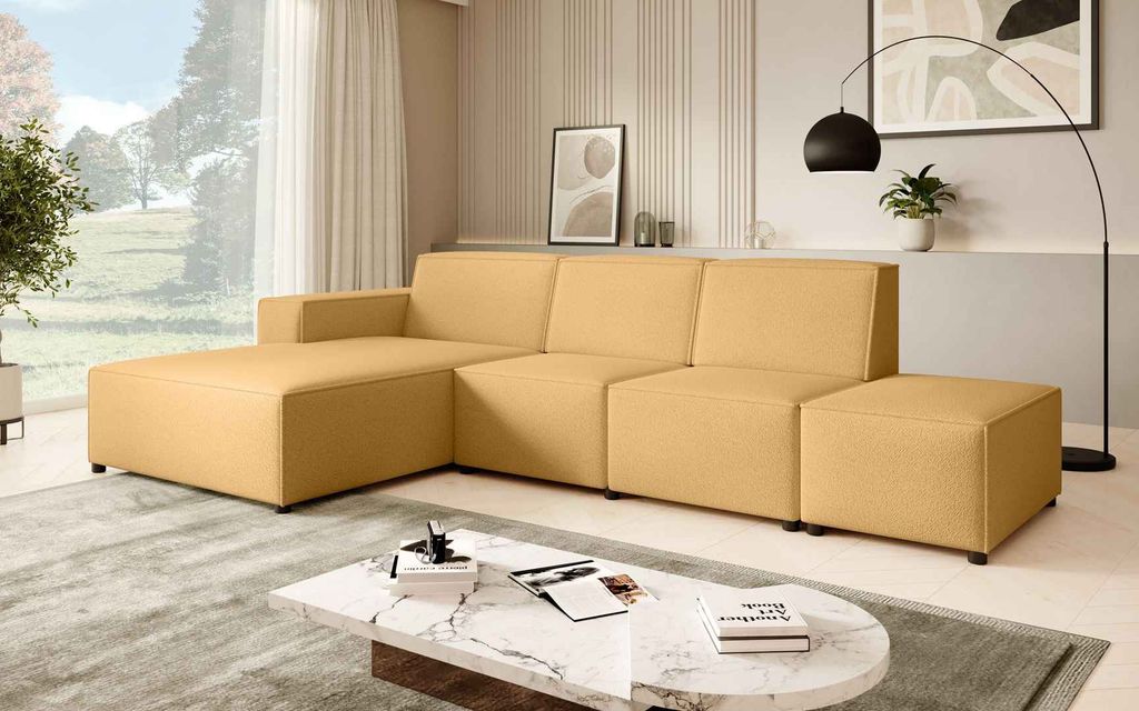 Ecksofa mit Hocker PEDRO L, breite Ottomane, L-Form, 295 cm, Eckseite: Links, Gelb (Raven66)