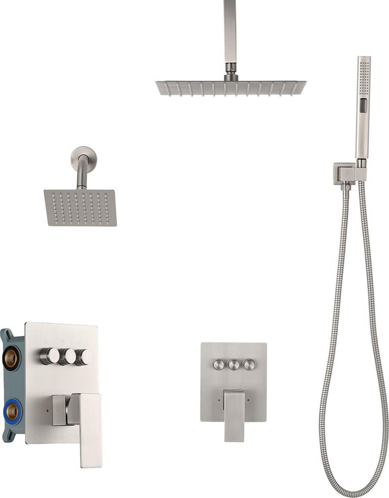 SucceBuy Duscharmatur Set mit 10-Zoll-Regenduschkopf, 6-Zoll-Wandmontagekopf und 2-in-1-Handbrause, drehbarer Doppelregenkopf mit 3 Funktionen, Mes...