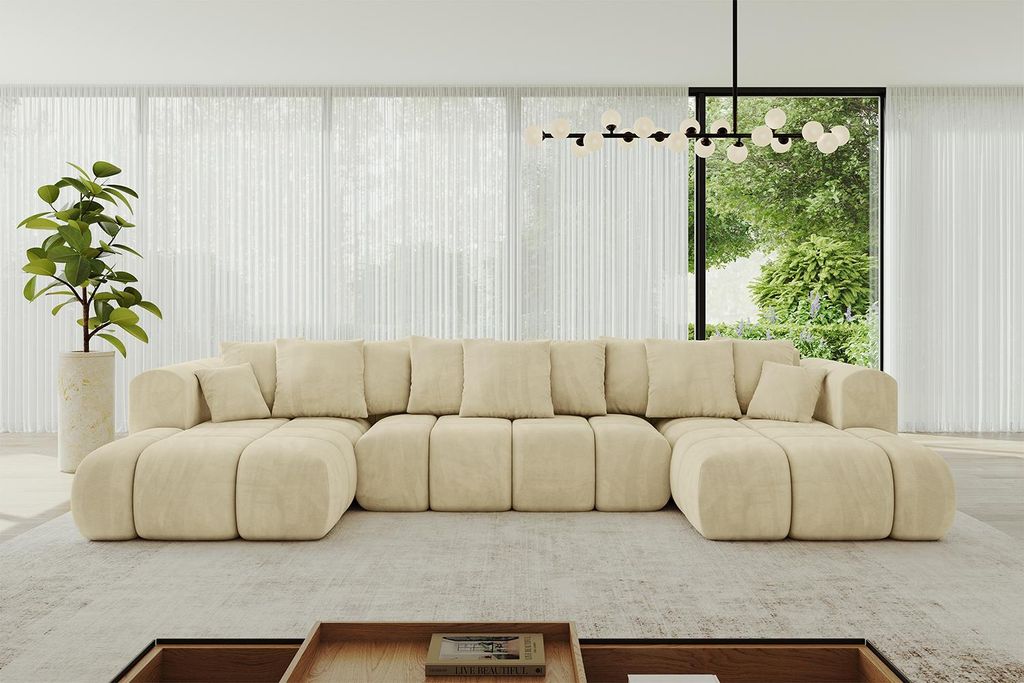 ALTDECOR Ecksofa in U-Form mit Schlaffunktion und Bettkasten CLOUD-U-v1 405x185x90 Beige - Corner Sofa Bett Eckcouch Couch L-Form Schlafcouch Auszi...