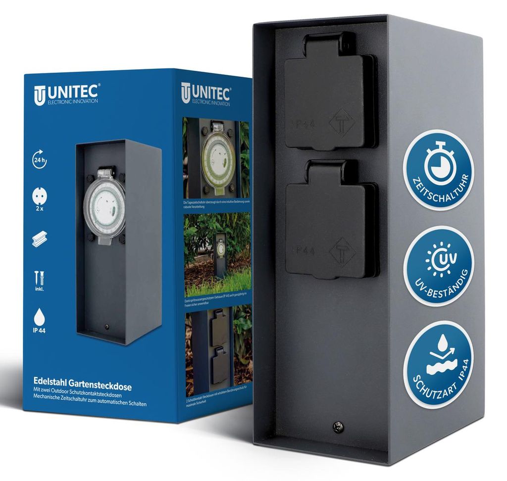 UNITEC Steckdosensäule Edelstahl IP44 2Std & ZSU
