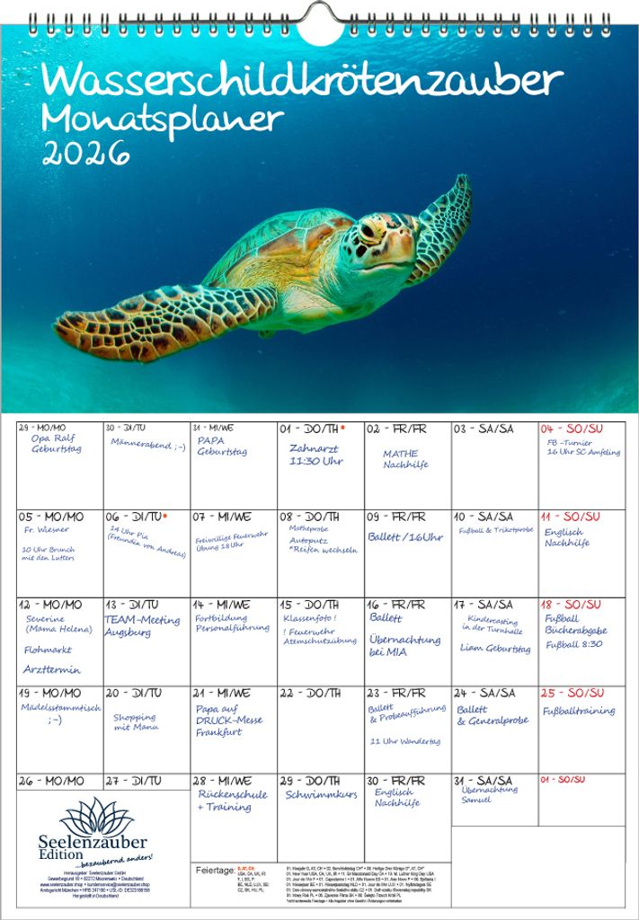Wasserschildkrötenzauber Planer DIN A3 Kalender für 2026 Wasserschildkröten - Seelenzauber