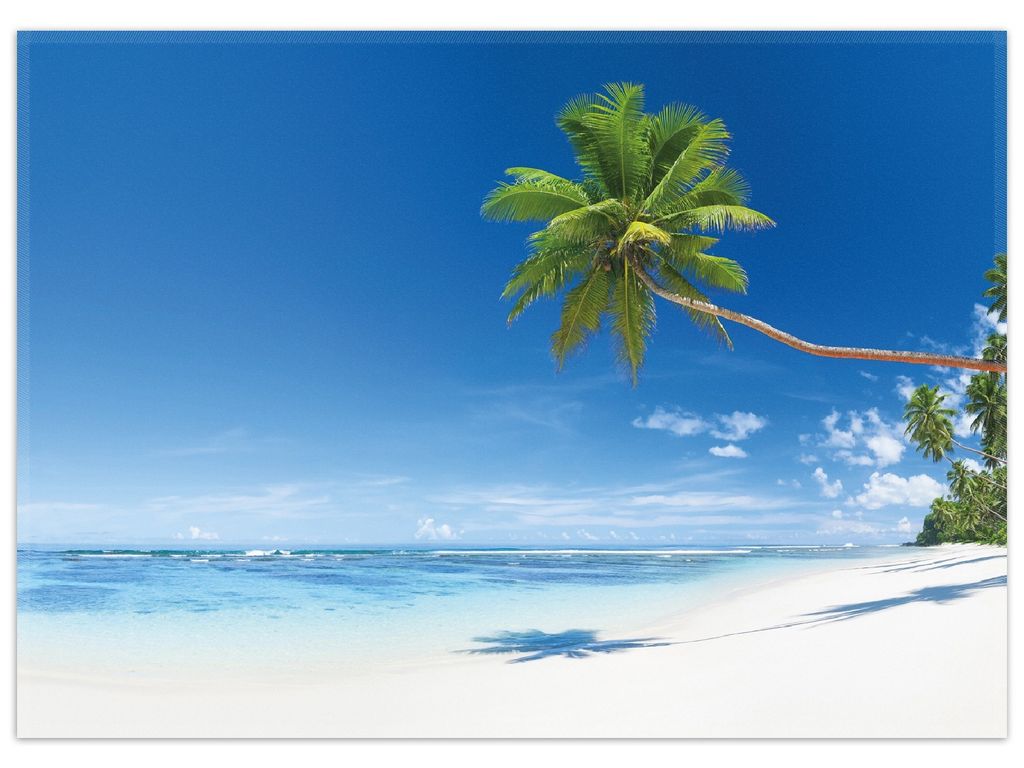 Wallario Premium Teppich, Größe 50 x 70 cm, Weißer Sandstrand am Meer - Ein Traum unter Palmen