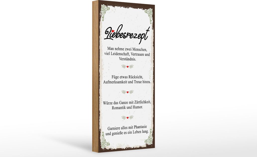 Holzschild Liebesrezept nehme 2 Menschen Retro, 27 x 10 cm, Holzschilder Spruch Glück Weisheit Liebe Paar