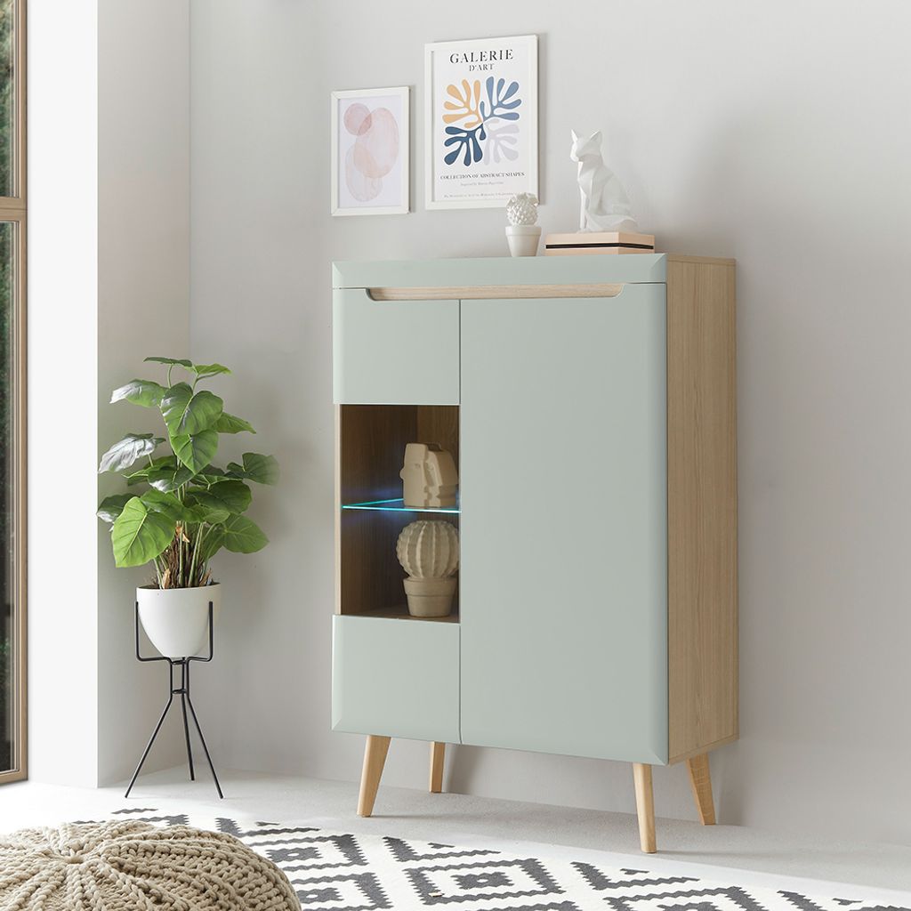 Wohnzimmer Vitrine in Grün Matt mit Eiche STOCKTON-61 Produktbild 
