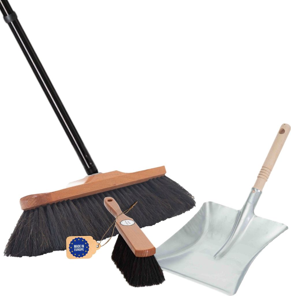 Novaliv Zimmerbesen mit Stiel stabil ROSSHAAR MISCHUNG Besen weiche Borsten Schrankbesen 4 tlg Steckstiel und Handfeger Kehrblechgarnitur Metall Ve...