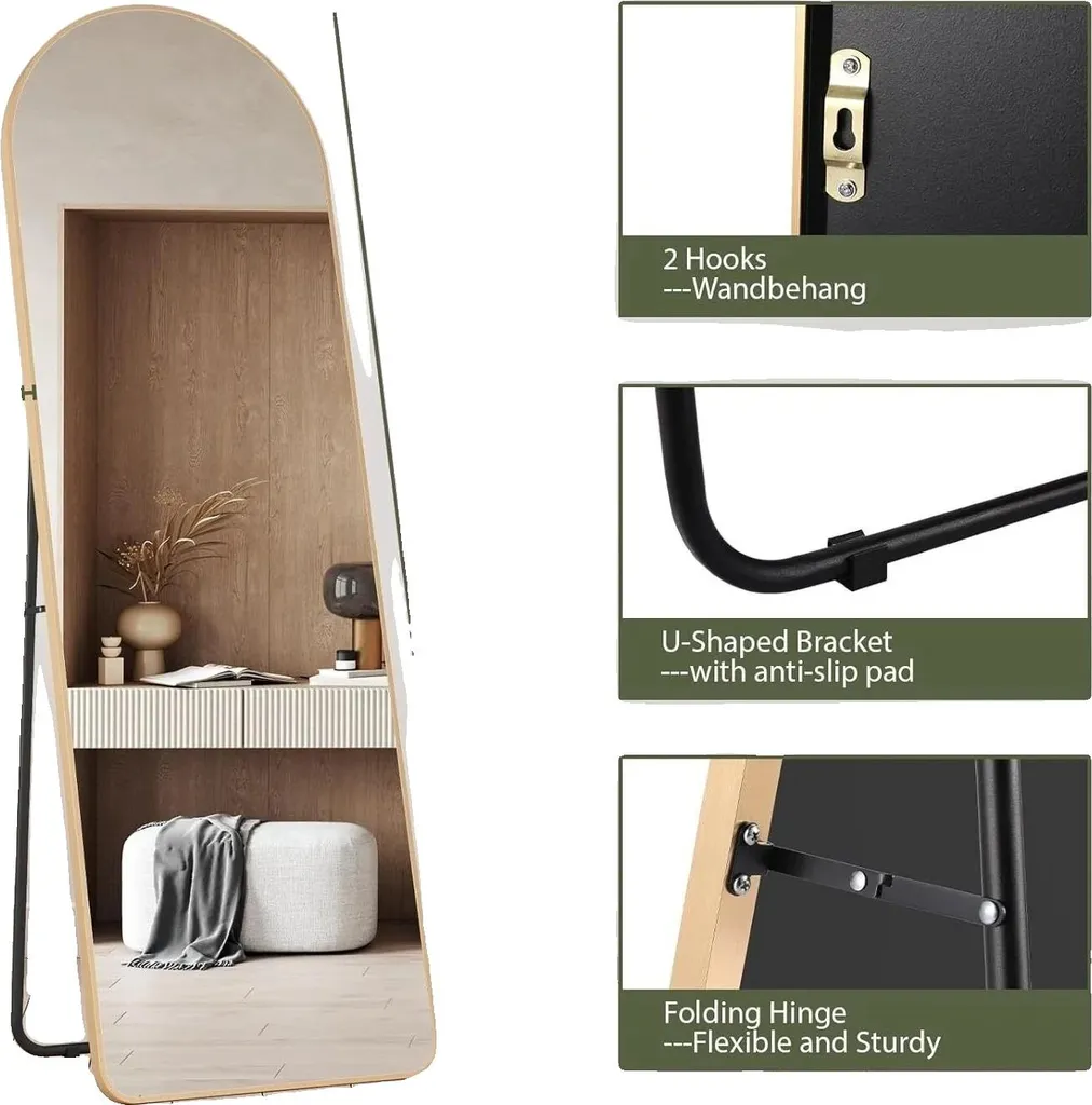 Miroir Plein Corps Design Portable avec Cadre Arc Doré Élégant 160x50cm