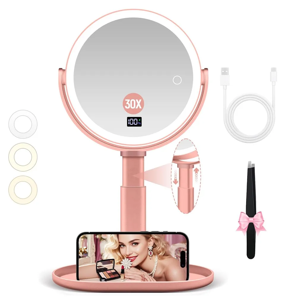Miroir de maquillage rose doré à luminosité réglable et zoom 30x