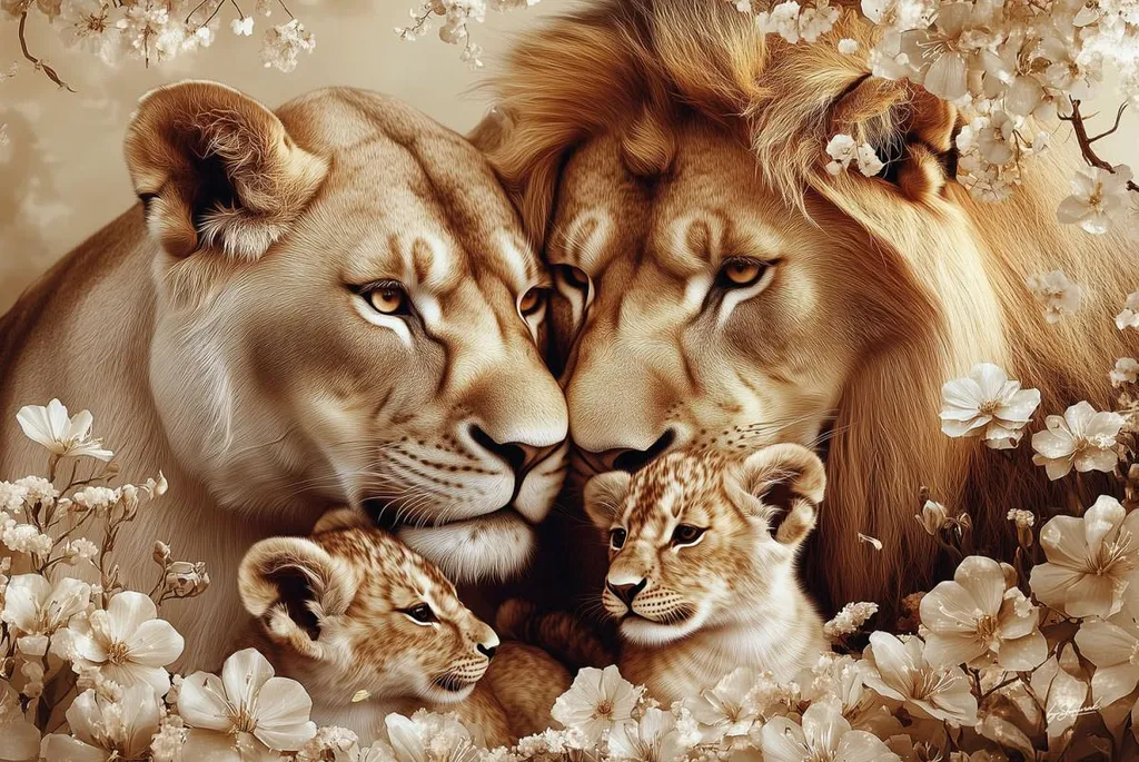 Grand Vitrail Signé Famille de Lions Ter Halle - Art Verrier 80x120