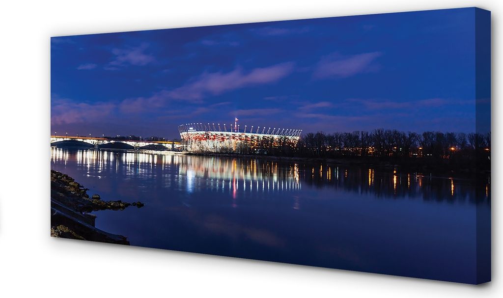 Leinwandbild 120x60 Wandkunst Warschau Stadion Fluss Brücke Nacht