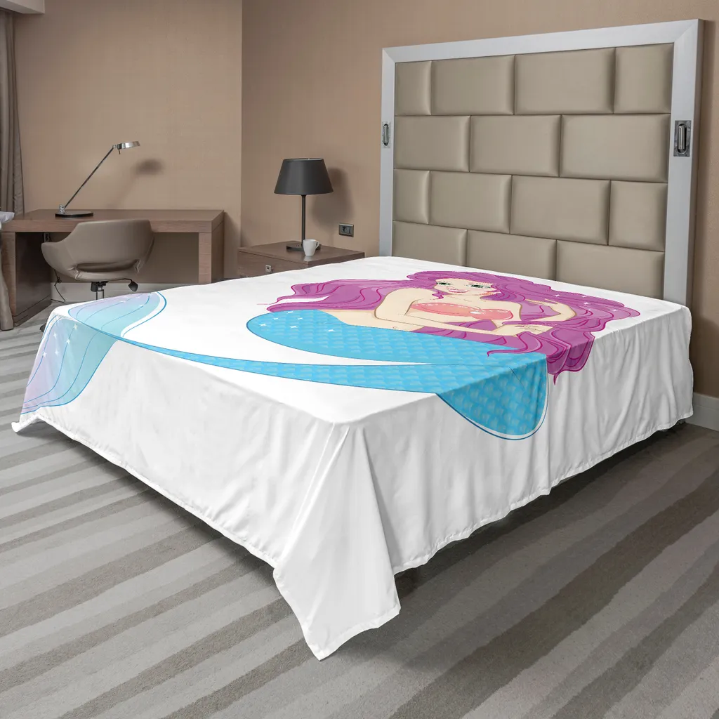 Drap de lit plat motif sirène princesse 260x228 cm pour chambre ado