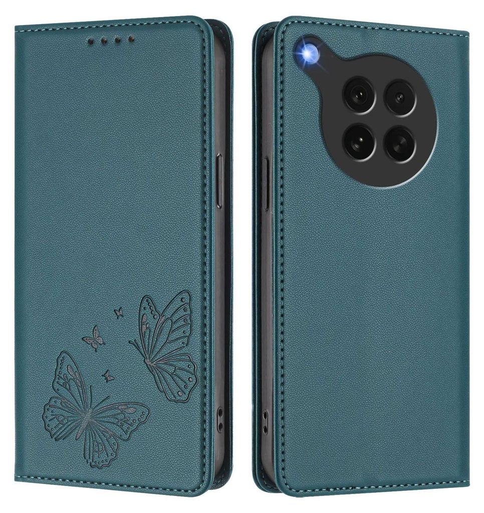 Lederhülle für Oppo Find X8s, Schmetterling Prägung Leder Brieftasche Schutzhülle mit Ständer Grün