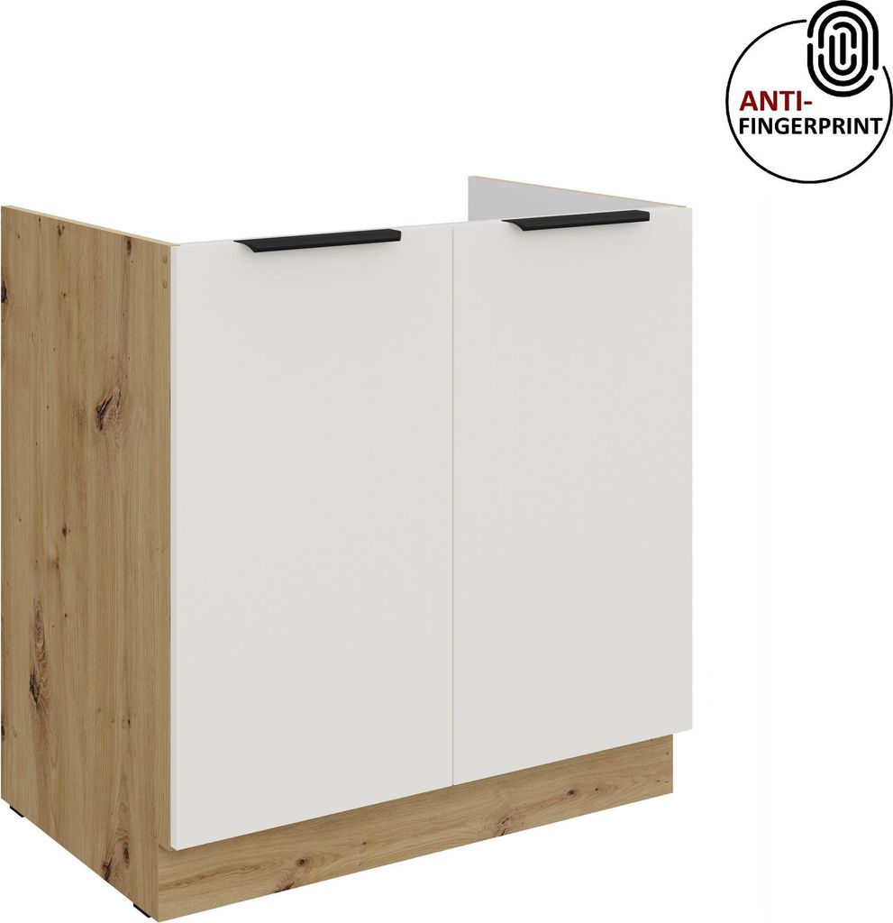 Küchen Spülenunterschrank 80 cm Küche ARIA Weiss ultra matt + Eiche Artisan matt, hochwertige Fronten mit Anti Fingerprint Beschichtung Küchenz...