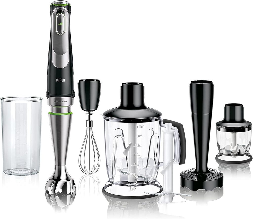 6-in-1 Stabmixer 1200W mit Standmixer 1,25L, Zerkleinerer, Schneebesen, Messbecher, SmartSpeed und SplashControl Schwarz