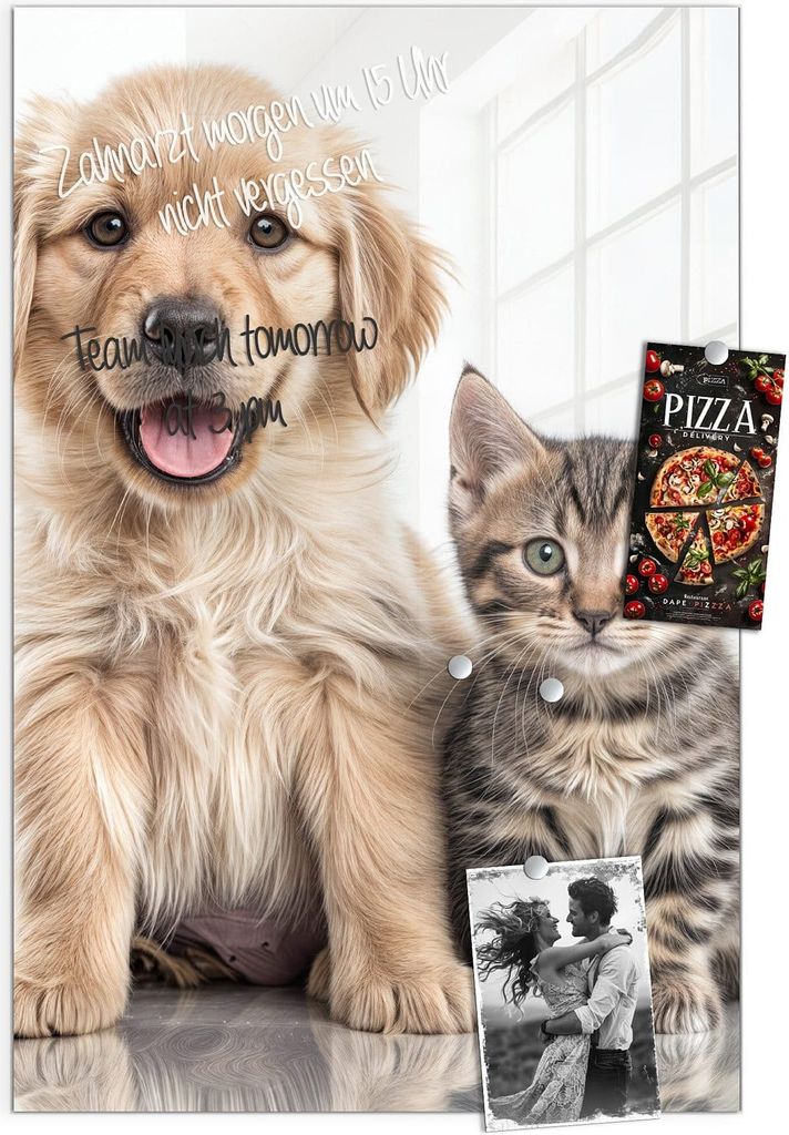 Magnettafel 40x60cm Pinnwand Whiteboard beschreibbar - Hund und Katze