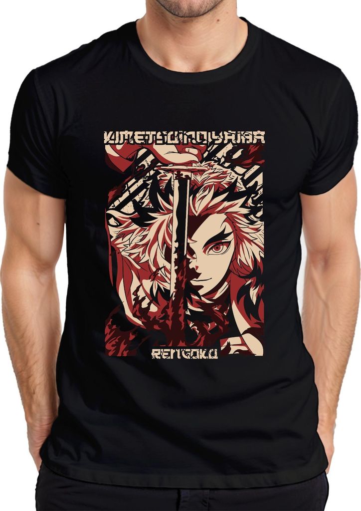 Rengoku Kimetsu no Yaiba Demon Slayer Flammen Schwert Herren T-Shirt, Schwarz, S
