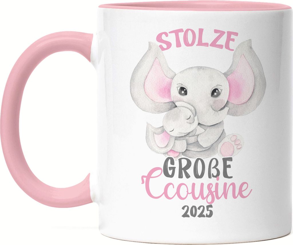 Stolze Große Cousine 2025 Tasse Rosa Family Familien Zusammenhalt Geborgenheit Beschützerin Liebe Elefanten