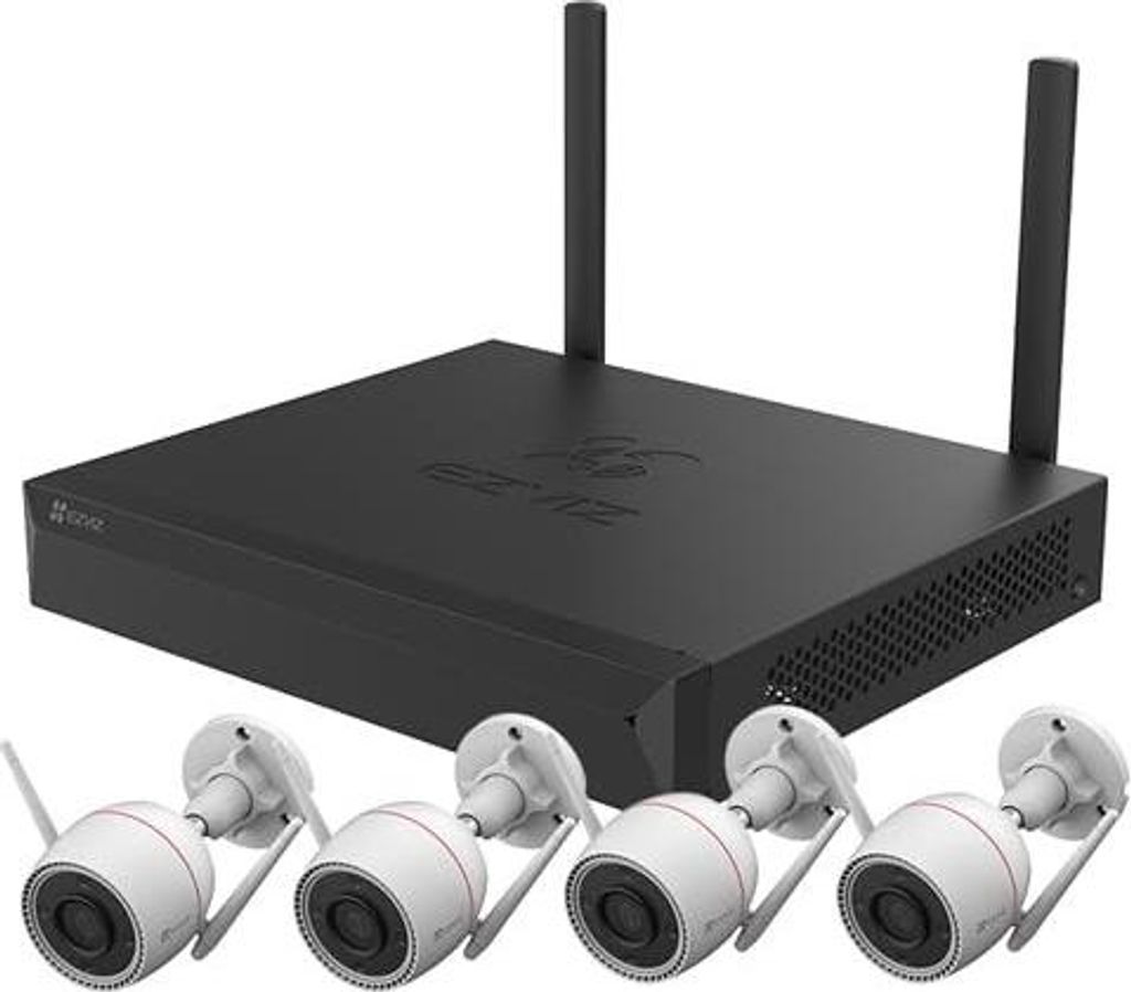 A black NVR unit with two antennas and four white security cameras.