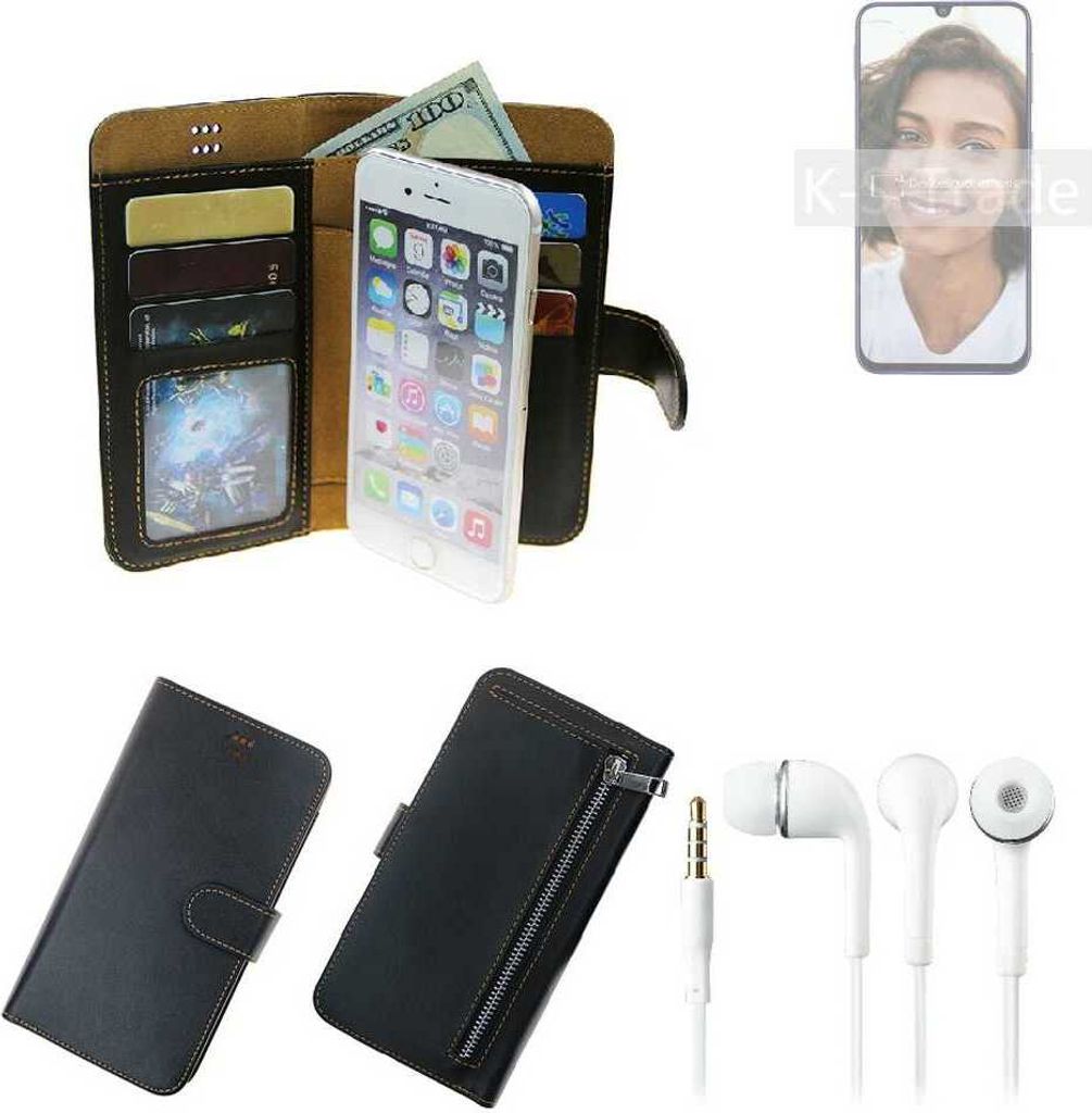 TOP SET Handy Hülle Schutz Hülle kompatibel mit Samsung Galaxy M21 schwarz aus Kunstleder + Kopfhörer Smartphone Tasche vollwertige Geldbörse