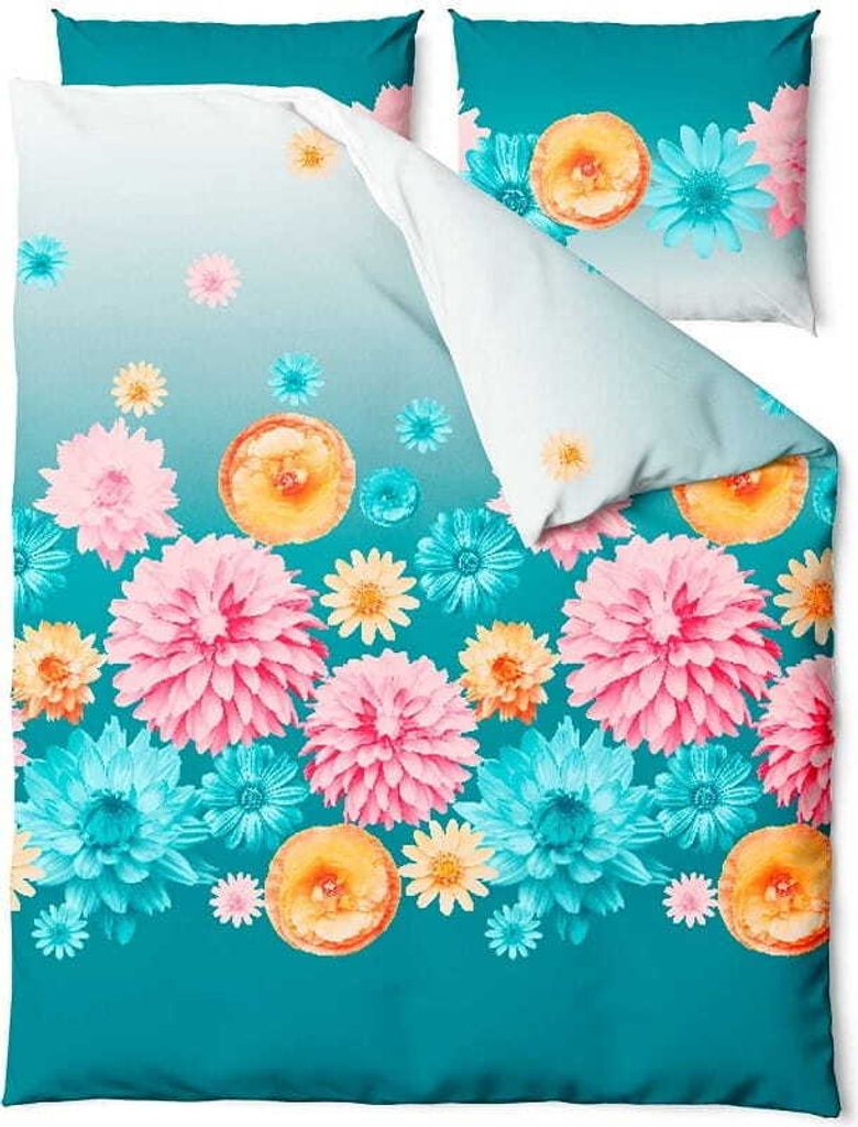 Bettwäsche, Baumwollsatin, hohe Qualität 200x220 Blossom Türkis, Blumen