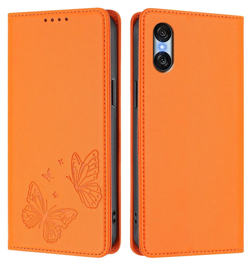 Lederhülle für Sony Xperia 10 VI, Schmetterling Prägung Leder Brieftasche Schutzhülle mit Ständer Orange
