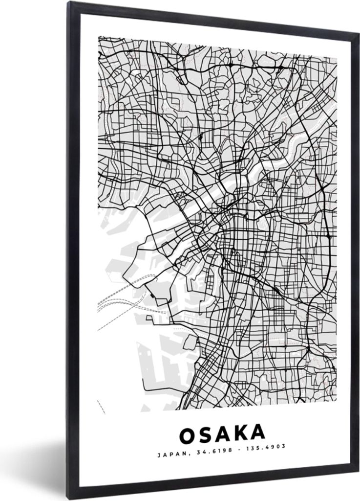 MuchoWow Gerahmtes Poster Osaka - Stadtplan - Schwarz und weiß - Karte 20x30 cm - Poster mit Schwarzem Bilderrahmen Wandposter Rahmen Foto Bilde...