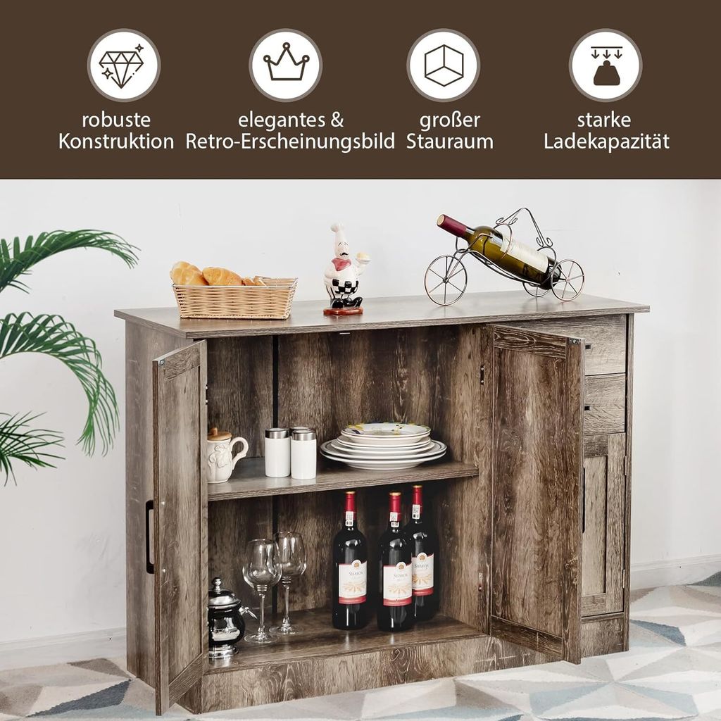Credenza buffet con ante scorrevoli in vetro temperato, Armadietto in bambù con cassetto per bar boho Naturale