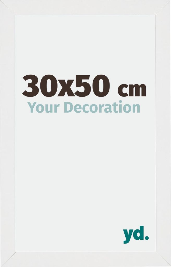 A white picture frame with text indicating size and branding.